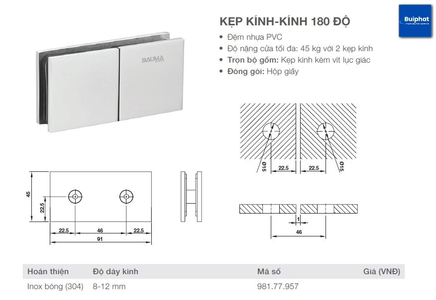 Kẹp kính-kính 180 độ BAUMA 981.77.957